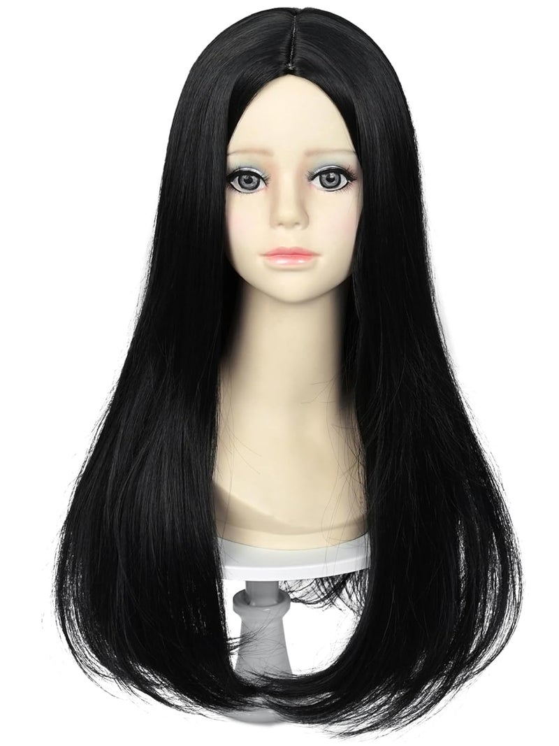 Half and Half Black Straight Middle Part Wig 23.6'' Long Black Witch Vam-pire Cosplay Wigs Gothic Mommy Costume Wigs for Halloween Party - Image 5